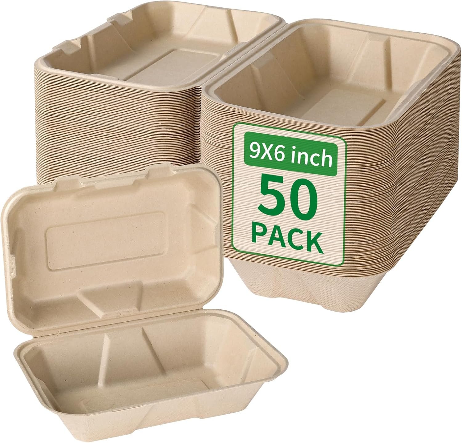 Logo Personalizzato Contenitori Pranzo Asporto a Conchiglia 23x15 cm con Coperchio Confezione 50 dal Produttore Compostabili Biodegradabili Bagassa Eco-Friendly Senza PFAS Marrone Marchio Bianco