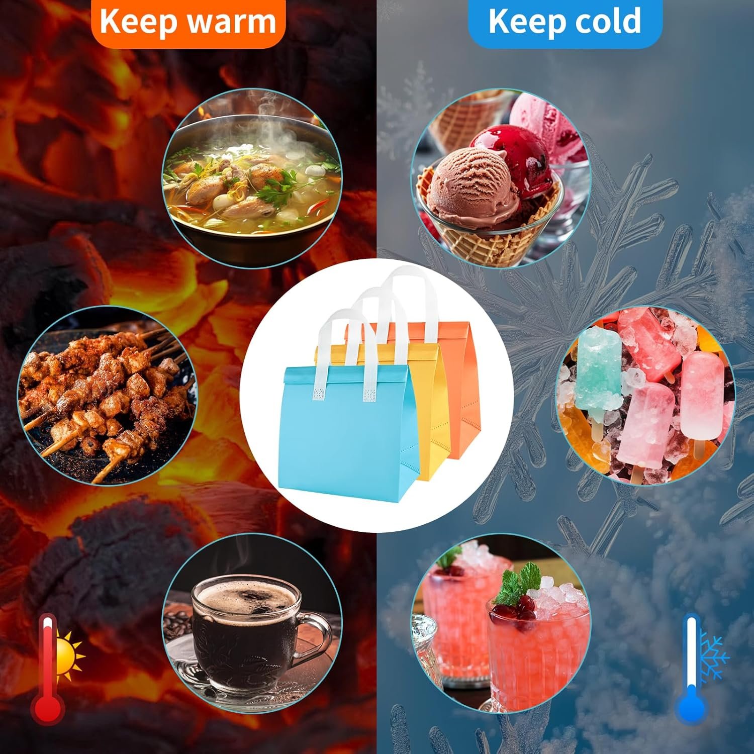 Fornitore Borse Termiche Monouso per Asporto 25pz 9.2 x 9 x 5.9 in con Logo Personalizzato Isolate Pranzo per Cibi Caldi Freddi Caffè Tè al Latte Food Delivery Catering Ristoranti Negozi Alimentari Marchio Bianco 5 Colori