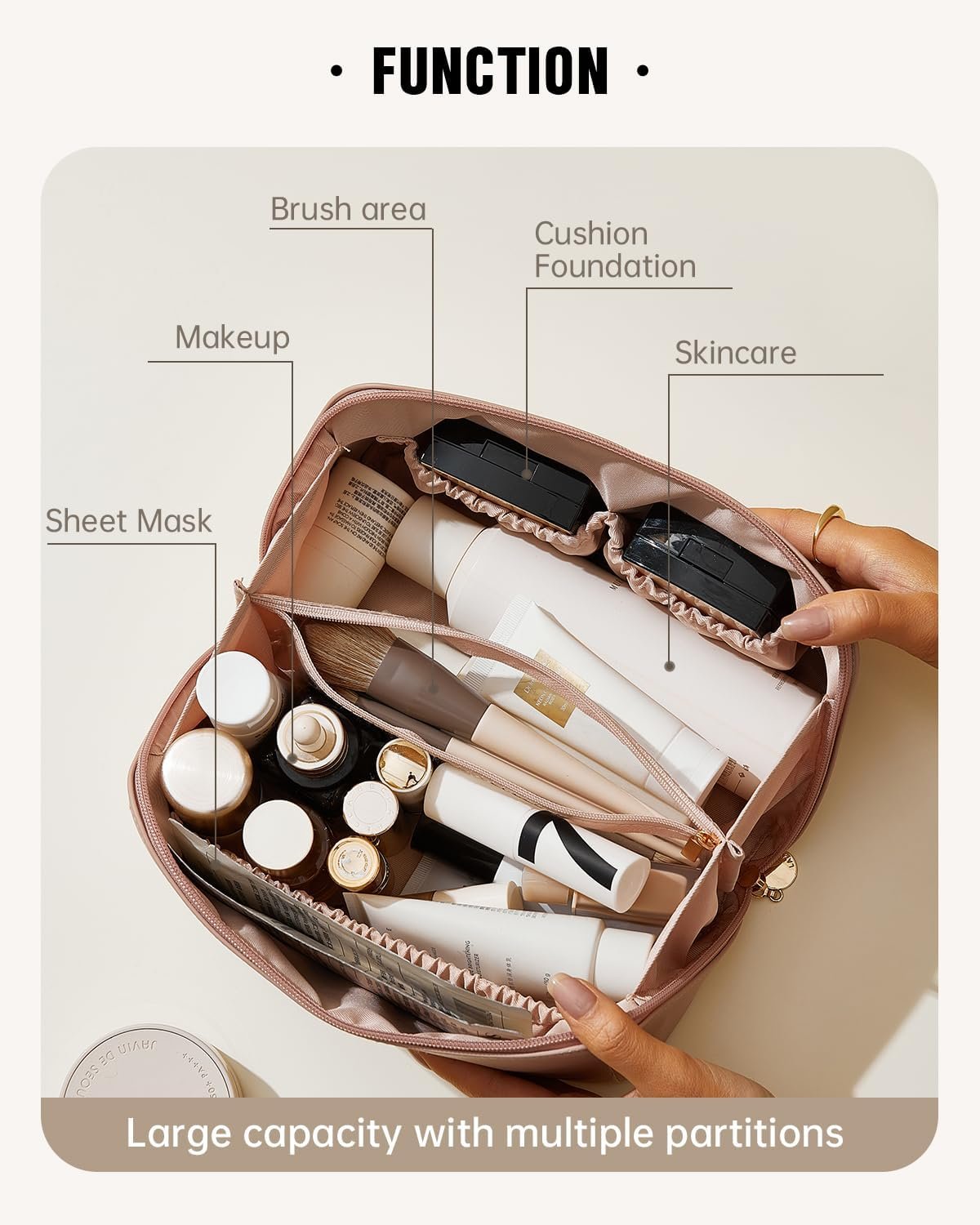 Produttore borse trucco da viaggio con logo personalizzato grande capacità cosmetica per donne impermeabile pelle PU apertura piatta marchio bianco