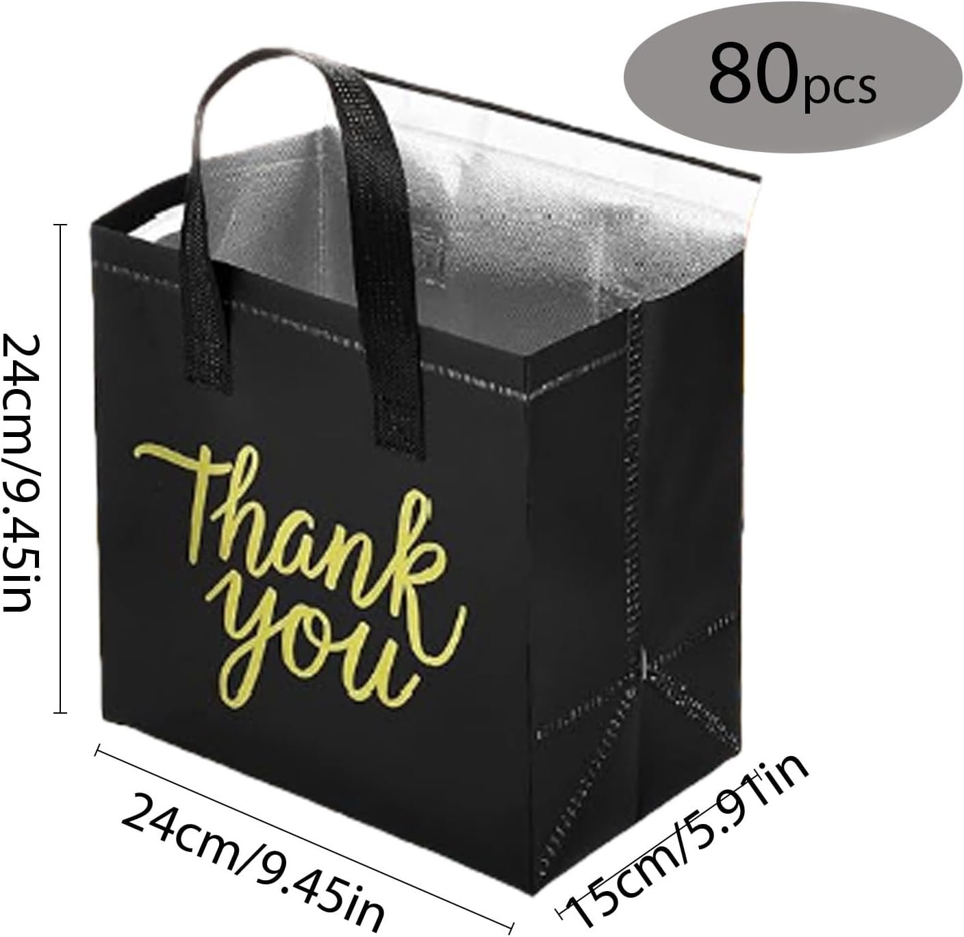 Logo Personalizzato Confezione da 80 Borse Termiche Isolate per Spesa, Buste per Consegne Cibo Catering Monouso Frigorifere e Tote per Viaggi Picnic Nero con Grazie Oro per Marchio Bianco dal Fornitore