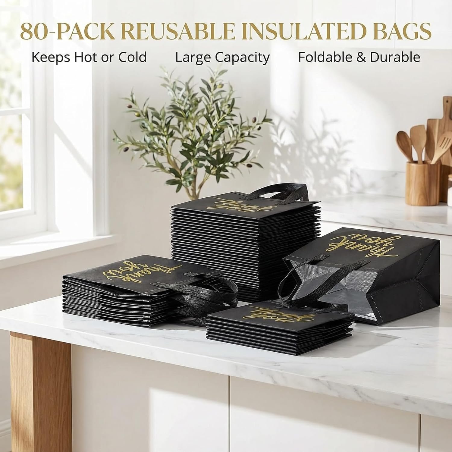 Logo Personalizzato Confezione da 80 Borse Termiche Isolate per Spesa, Buste per Consegne Cibo Catering Monouso Frigorifere e Tote per Viaggi Picnic Nero con Grazie Oro per Marchio Bianco dal Fornitore