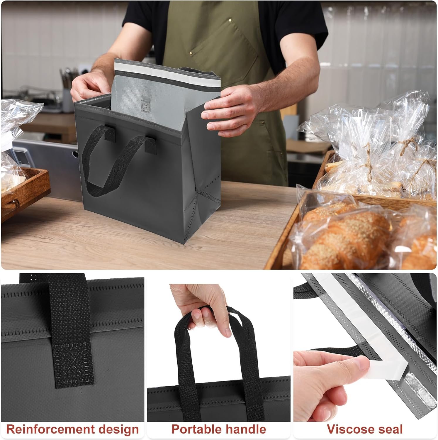 Marchio Bianco Buste Termiche per Asporto [20PZ] Bulk Isolamento Termico per Cibi Caldi Freddi Surgelati Consegne Conservazione Fresca Logo Personalizzato [Nero-9.4IN] Produttore