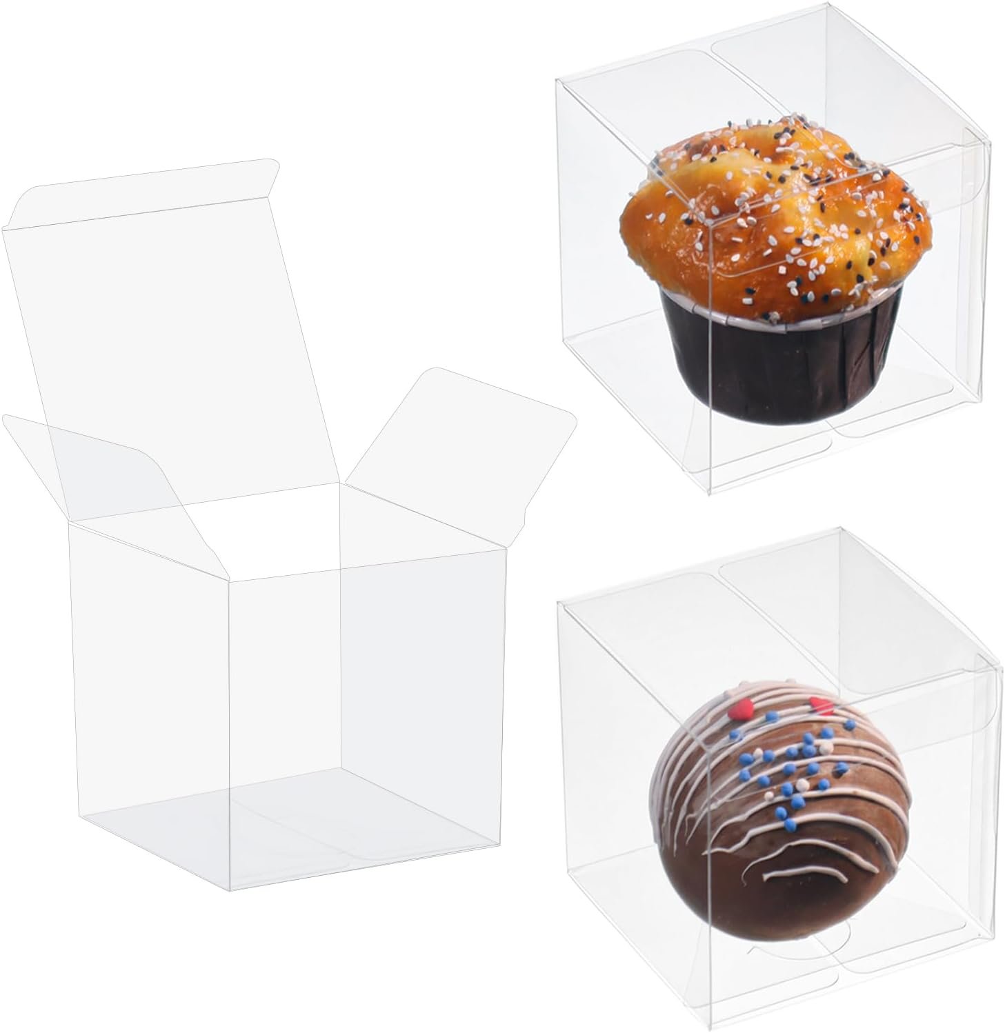 Marchio Bianco Confezione da 100 Scatole in Plastica Trasparente 3x3x3 Pollici con Logo Personalizzato per Bombe di Cioccolato Caldo Pasticcini e Biscotti dal Produttore