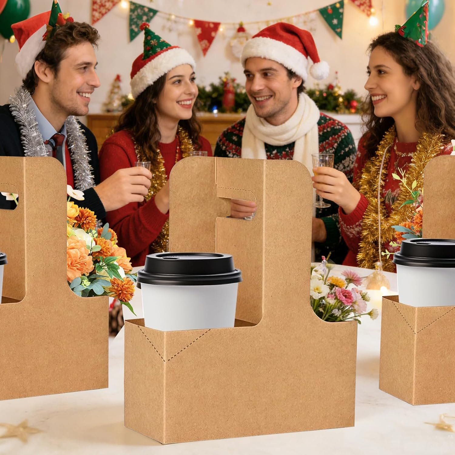 Logo Personalizzato Portabevande per 2 Tazze con Maniglia Pacco da 12 Monouso in Cartone per Bevande Calde o Fredde con 24 Adesivi Rinforzanti Fondo Marchio Bianco dal Produttore per Caffetteria Feste Matrimoni