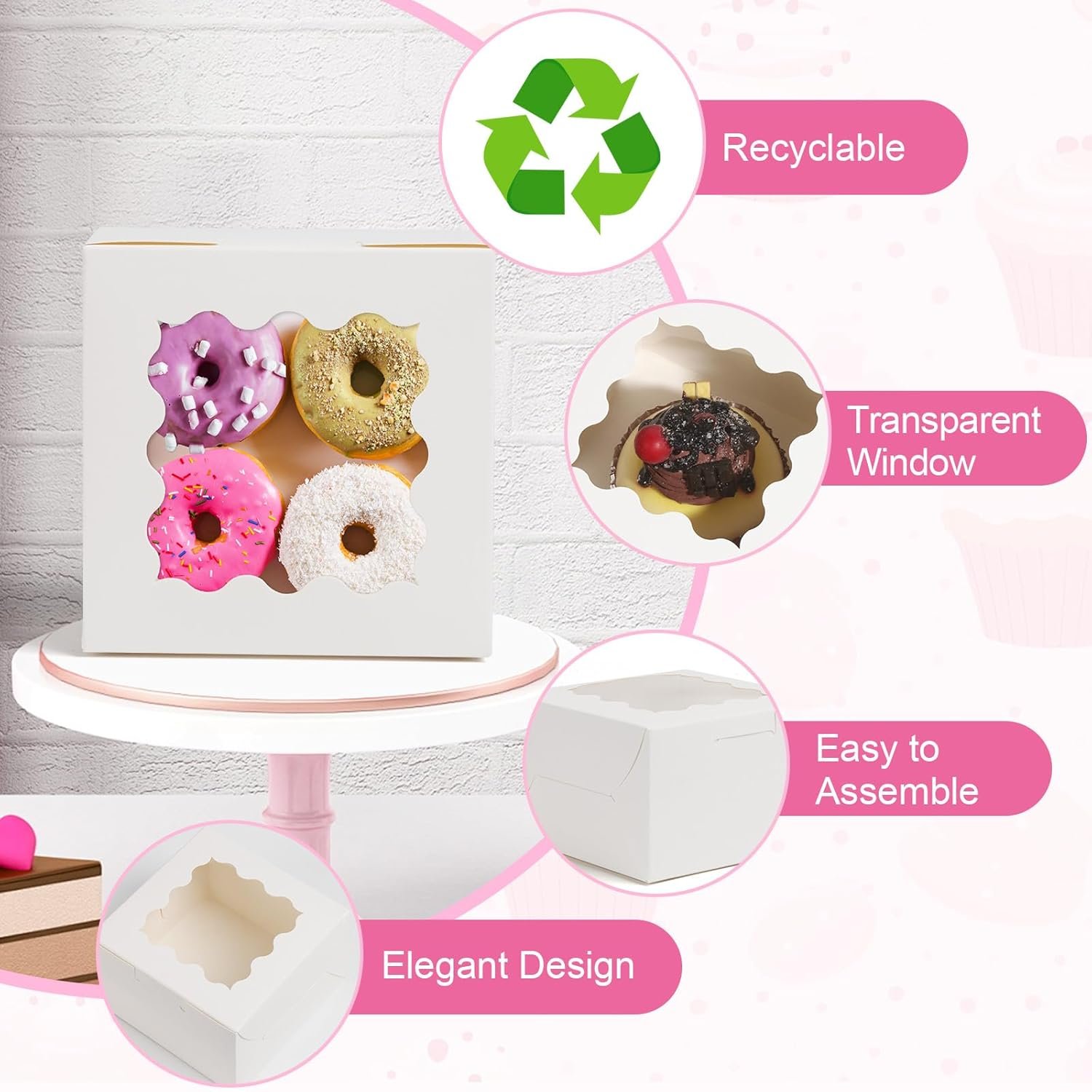 Logo Personalizzato Scatole per Biscotti Bianche con Finestra 26 pz 4x4x2.5 pollici piccole da pasticceria con 36 pz adesivi per torte mini dolcetti ciambelle macaron fragole cioccolato cupcakes caramelle Marchio Bianco Fornitore