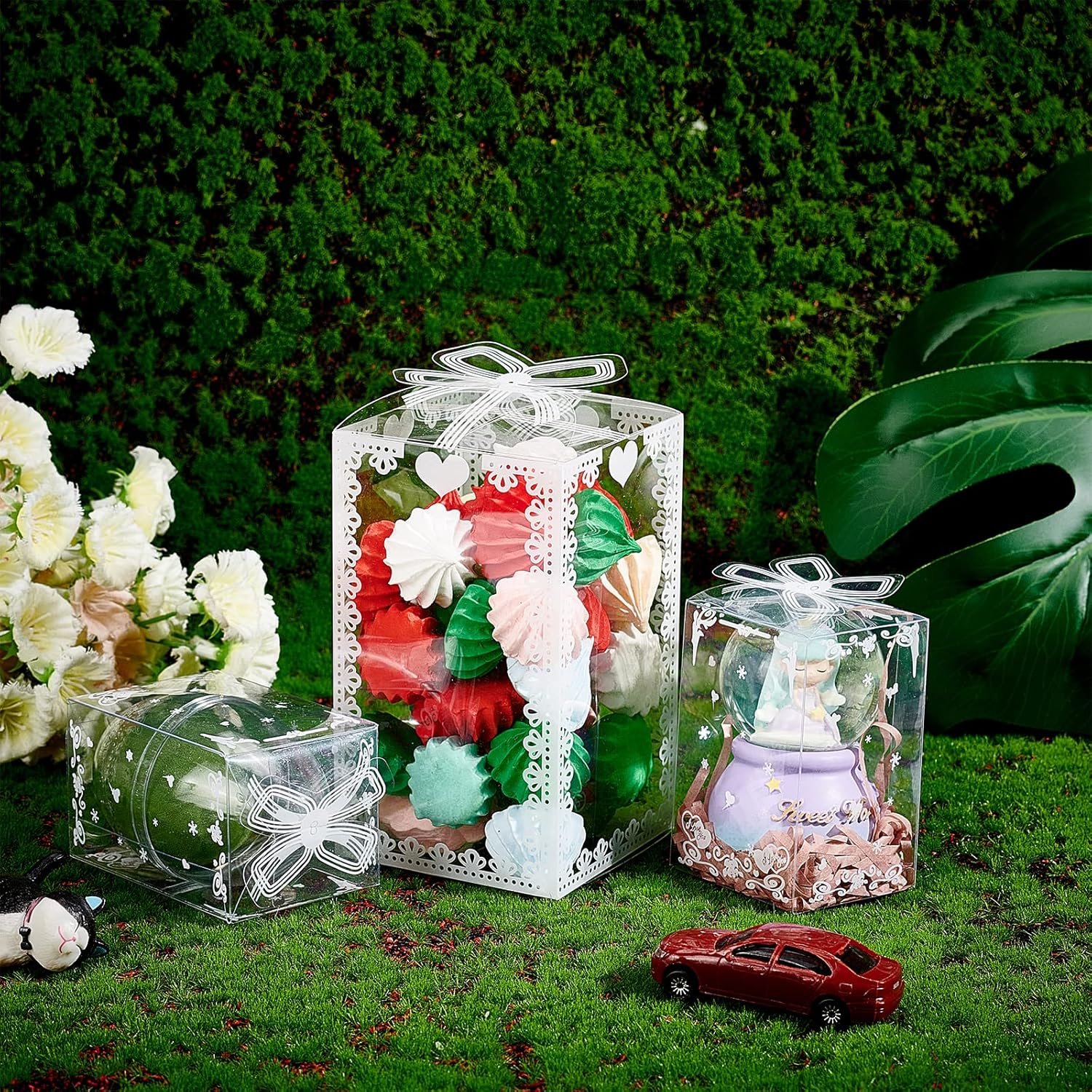 Marchio Bianco Scatole Regalo PVC Trasparente con Fiocco 24 pz 4.5x2.5x2.5 per Bomboniere Nozze Festa della Mamma Logo Personalizzato dal Produttore