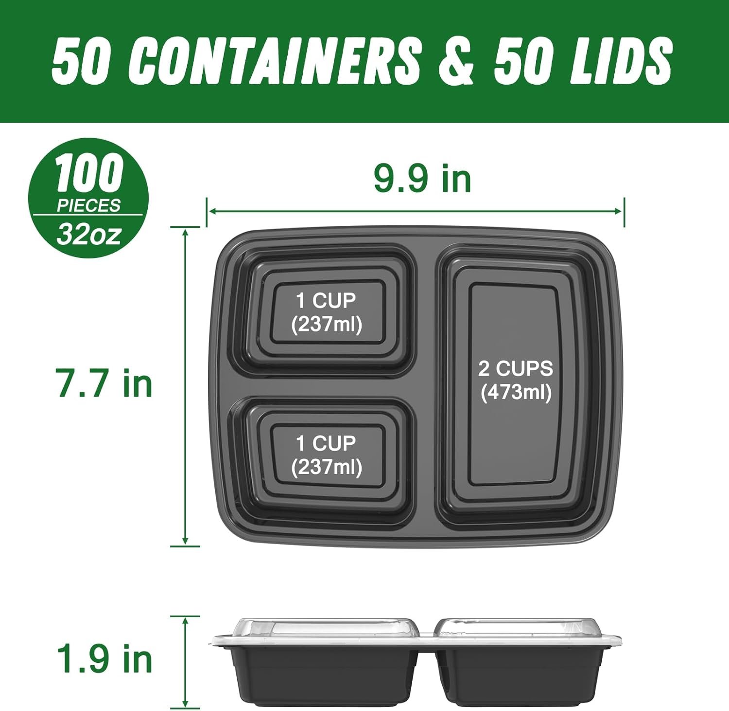 Produttore Contenitori Meal Prep 32 oz Confezione da 50 pz (100 Pezzi) Riutilizzabili con Coperchi a 3 Scomparti e Logo Personalizzato in Plastica da Asporto Robusti a Tenuta Stagna Sicuri per Alimenti Adatti a Microonde Congelatore Lavastoviglie Neri Marchio Bianco