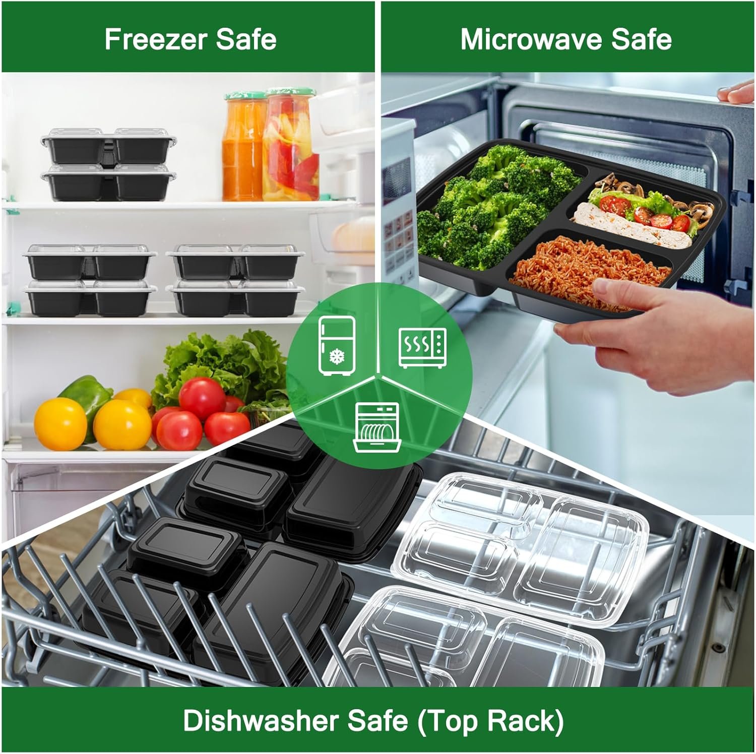 Produttore Contenitori Meal Prep 32 oz Confezione da 50 pz (100 Pezzi) Riutilizzabili con Coperchi a 3 Scomparti e Logo Personalizzato in Plastica da Asporto Robusti a Tenuta Stagna Sicuri per Alimenti Adatti a Microonde Congelatore Lavastoviglie Neri Marchio Bianco