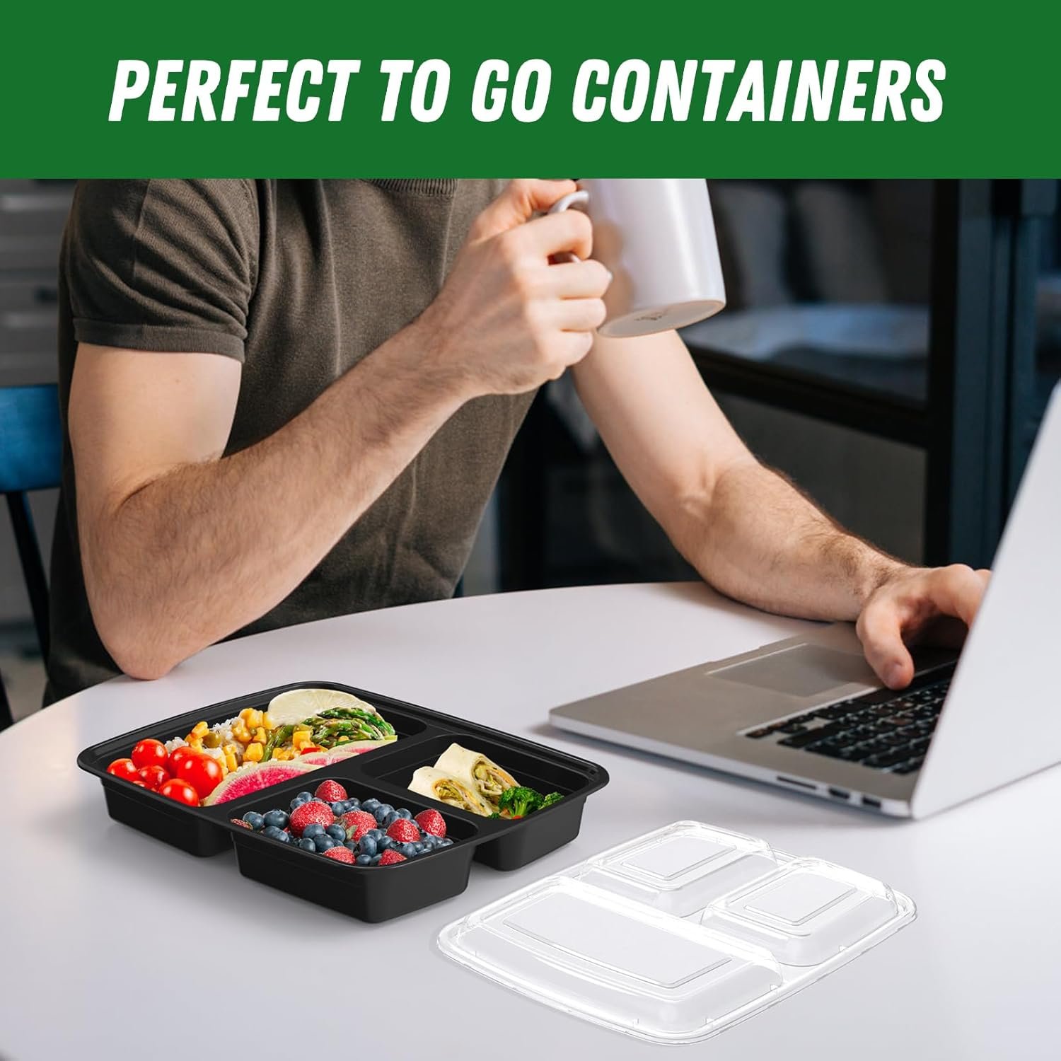 Produttore Contenitori Meal Prep 32 oz Confezione da 50 pz (100 Pezzi) Riutilizzabili con Coperchi a 3 Scomparti e Logo Personalizzato in Plastica da Asporto Robusti a Tenuta Stagna Sicuri per Alimenti Adatti a Microonde Congelatore Lavastoviglie Neri Marchio Bianco