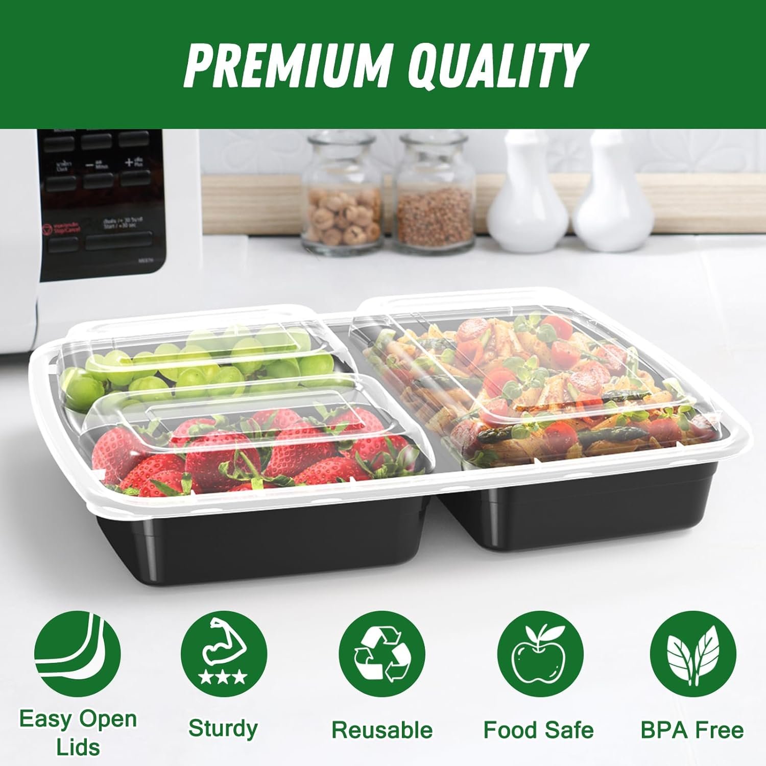 Produttore Contenitori Meal Prep 32 oz Confezione da 50 pz (100 Pezzi) Riutilizzabili con Coperchi a 3 Scomparti e Logo Personalizzato in Plastica da Asporto Robusti a Tenuta Stagna Sicuri per Alimenti Adatti a Microonde Congelatore Lavastoviglie Neri Marchio Bianco