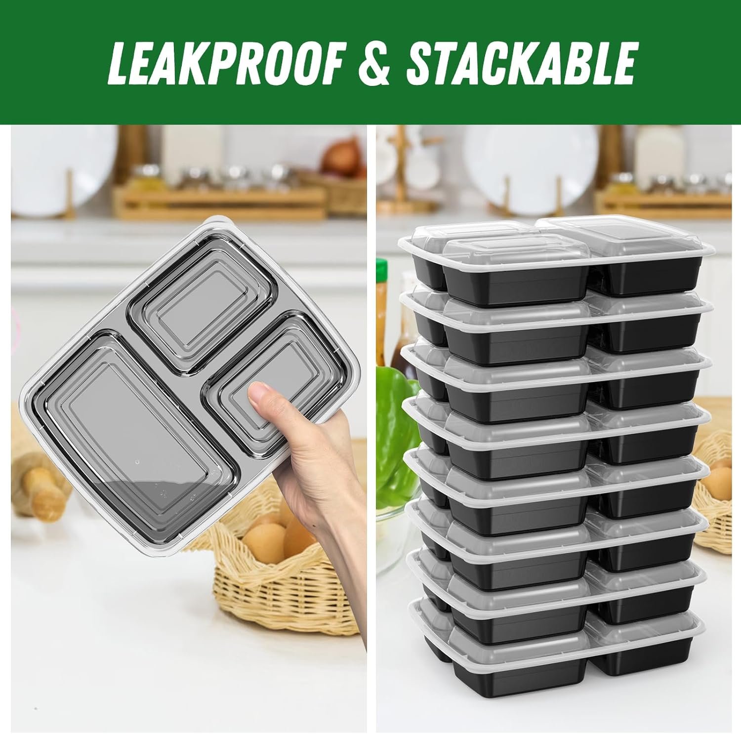 Produttore Contenitori Meal Prep 32 oz Confezione da 50 pz (100 Pezzi) Riutilizzabili con Coperchi a 3 Scomparti e Logo Personalizzato in Plastica da Asporto Robusti a Tenuta Stagna Sicuri per Alimenti Adatti a Microonde Congelatore Lavastoviglie Neri Marchio Bianco