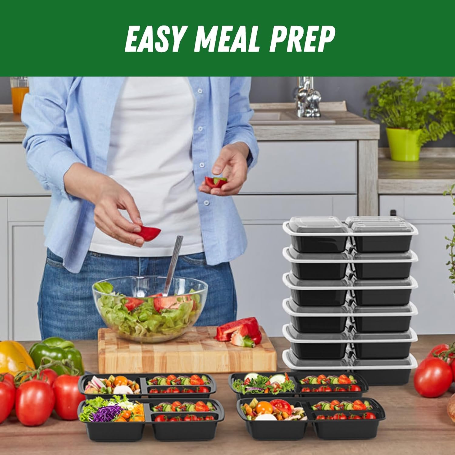 Produttore Contenitori Meal Prep 32 oz Confezione da 50 pz (100 Pezzi) Riutilizzabili con Coperchi a 3 Scomparti e Logo Personalizzato in Plastica da Asporto Robusti a Tenuta Stagna Sicuri per Alimenti Adatti a Microonde Congelatore Lavastoviglie Neri Marchio Bianco