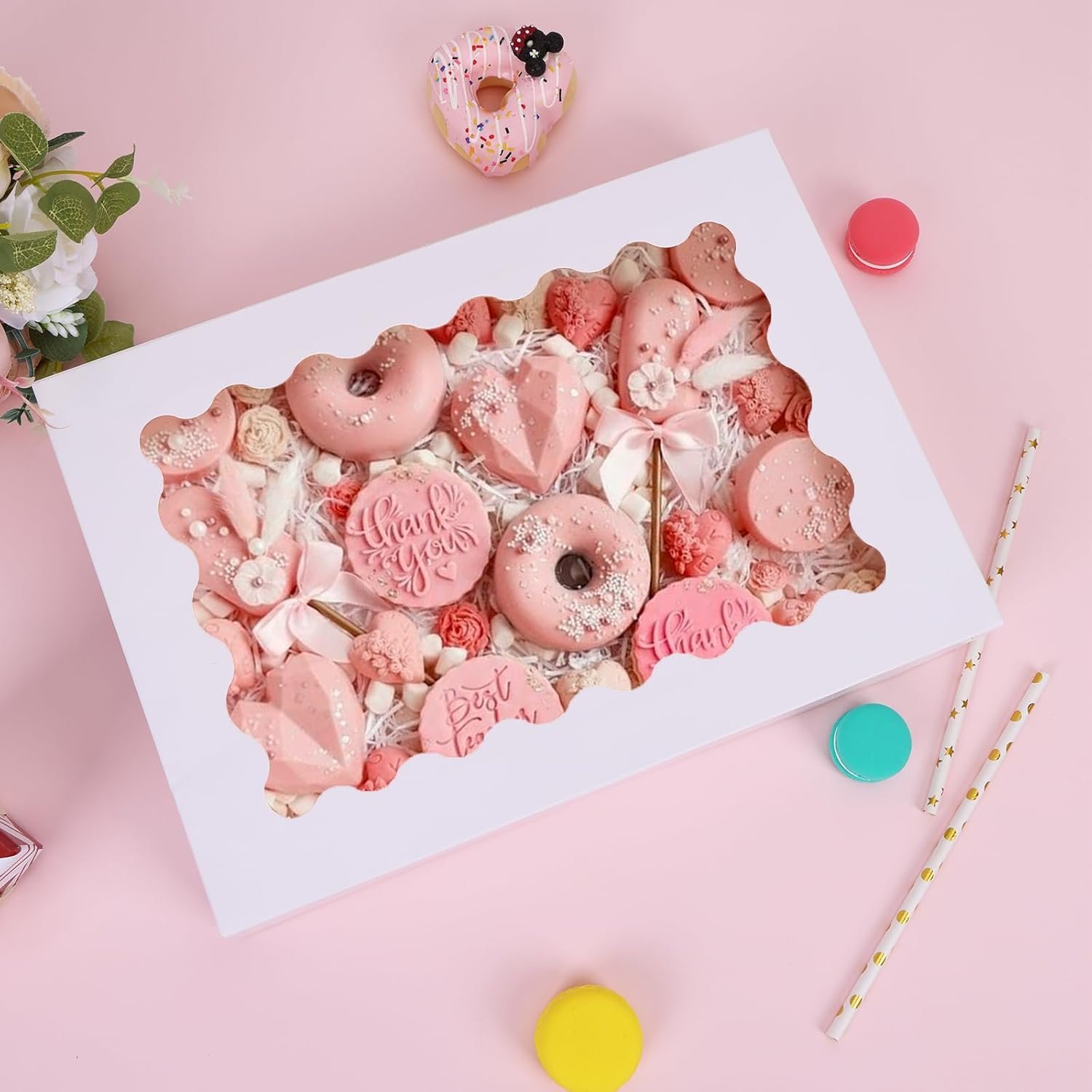Logo Personalizzato Scatole per Pasticceria Bianche 24 pz 14x10x2.5 Inch con Finestra Marchio Bianco per Fragole Ricoperte di Cioccolato Donuts Torte Muffins e Pasticcini dal Fornitore