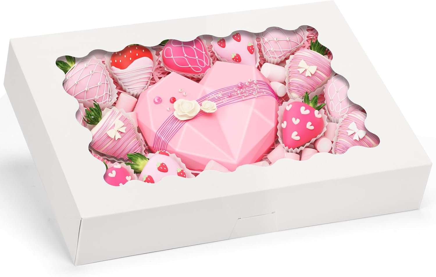 Logo Personalizzato Scatole per Pasticceria Bianche 24 pz 14x10x2.5 Inch con Finestra Marchio Bianco per Fragole Ricoperte di Cioccolato Donuts Torte Muffins e Pasticcini dal Fornitore