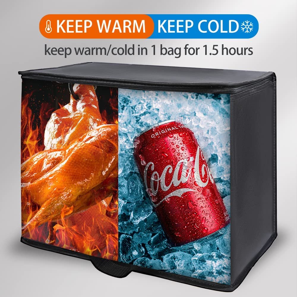 Logo Personalizzato Confezione da 2 Borse Termiche Isolanti Riutilizzabili Robuste Tote Extra Large Nere Pieghevoli per Alimenti Surgelati Conservazione a Freddo Cooler da Viaggio Trasporto Spesa e Consegna Cibi Caldi da Produttore con Marchio Bianco