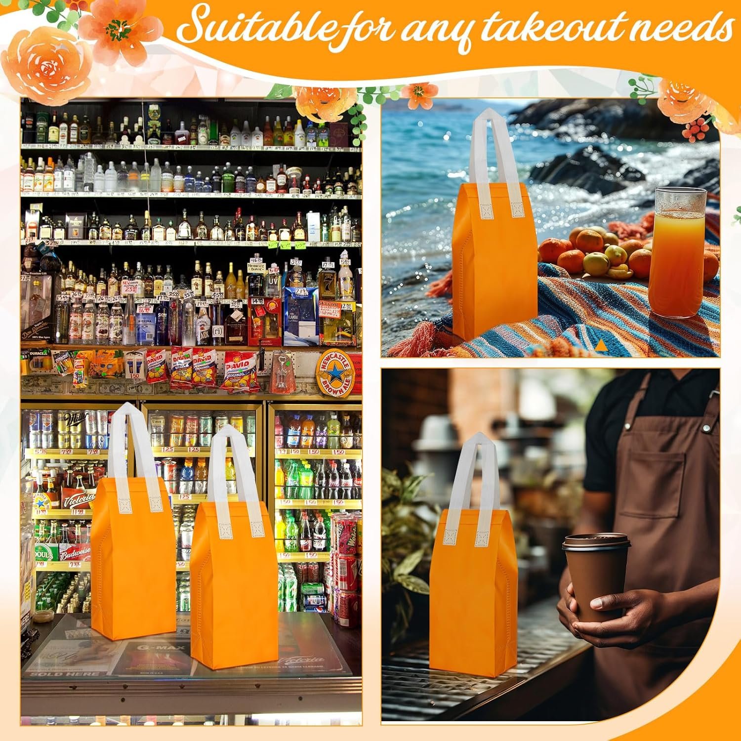 Logo Personalizzato 100 Buste Termiche Isolate Monouso Bulk per Asporto Cibo Caffè Tè al Latte Caldo Freddo Frutti di Mare Ristoranti Negozi Alimentari Marchio Bianco dal Produttore 4,7 x 11 x 4 Pollici (Arancione)