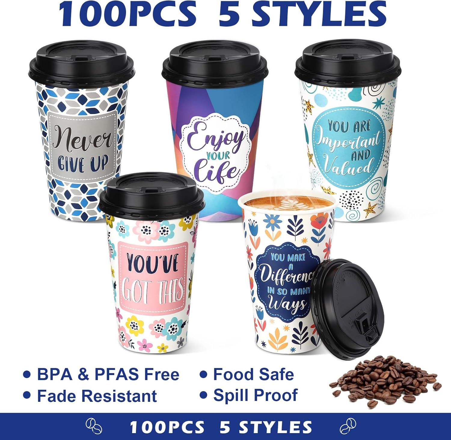 Logo Personalizzato Confezione da 100 Tazze di Carta Monouso da 16 oz con Coperchi Motivazionali 5 Citazioni Marchio Bianco dal Produttore