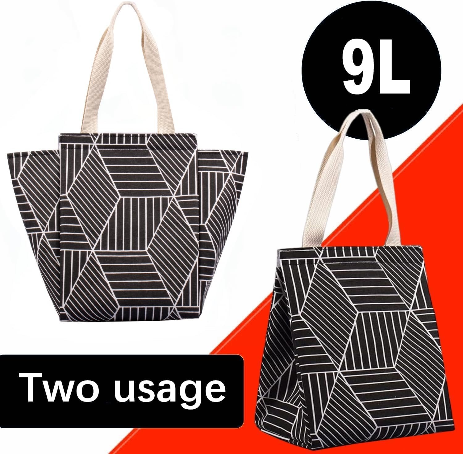 Marchio Bianco Borsa Termica 9L per Donne e Adulti Pieghevole ad Apertura Ampia con Tasche Impermeabile Portatile per Picnic Ufficio Spiaggia Nero Rombo con Logo Personalizzato dal Produttore