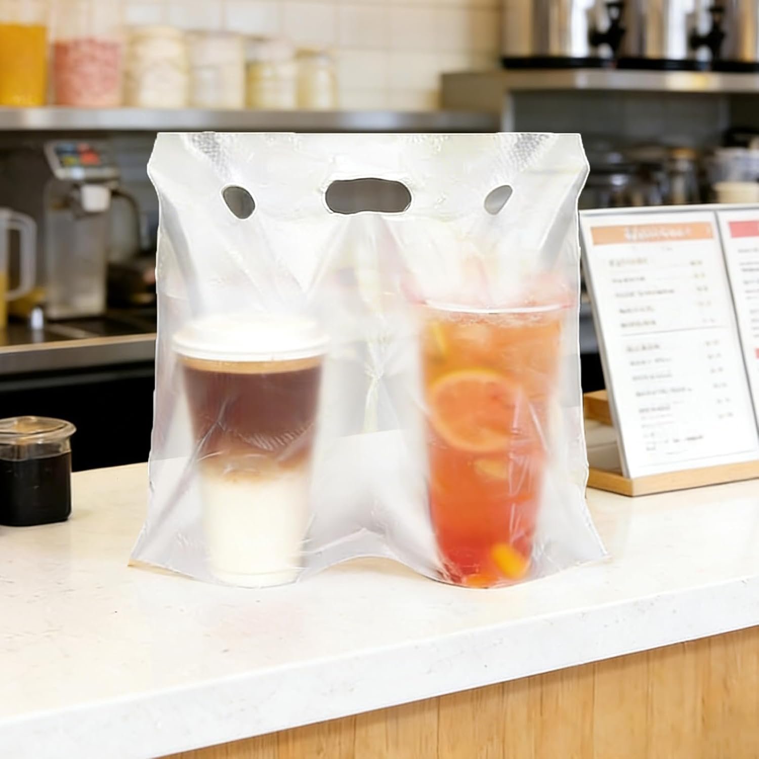 Logo Personalizzato Portabevande con Maniglia per 2 Bicchieri Sacchetti Trasparenti Plastica per Consegne Asporto Caffè Succo Latte Tè Marchio Bianco 1000 Pezzi 11 x 12,2 Pollici Fornitore