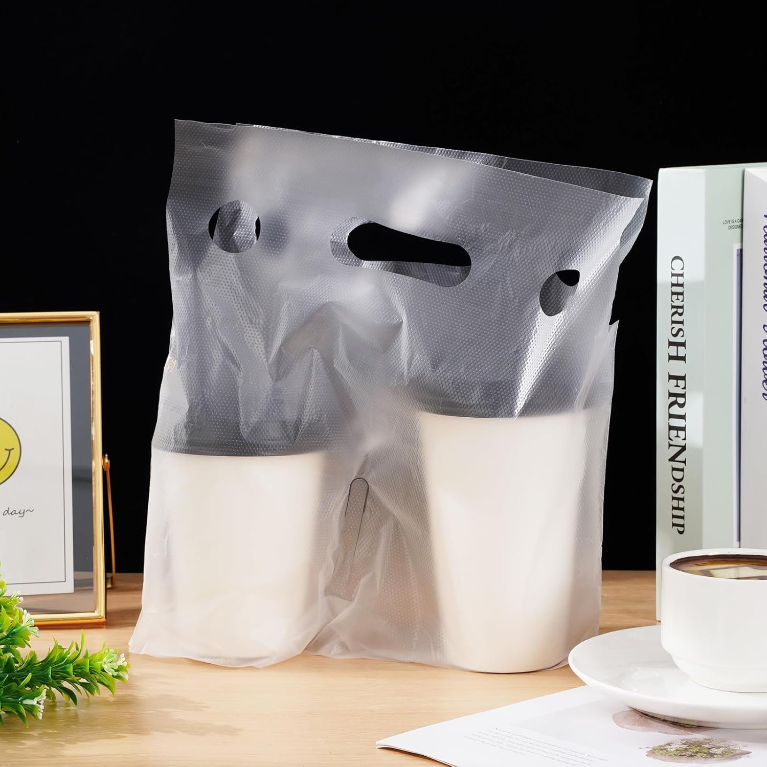 Logo Personalizzato Portabevande con Maniglia per 2 Bicchieri Sacchetti Trasparenti Plastica per Consegne Asporto Caffè Succo Latte Tè Marchio Bianco 1000 Pezzi 11 x 12,2 Pollici Fornitore