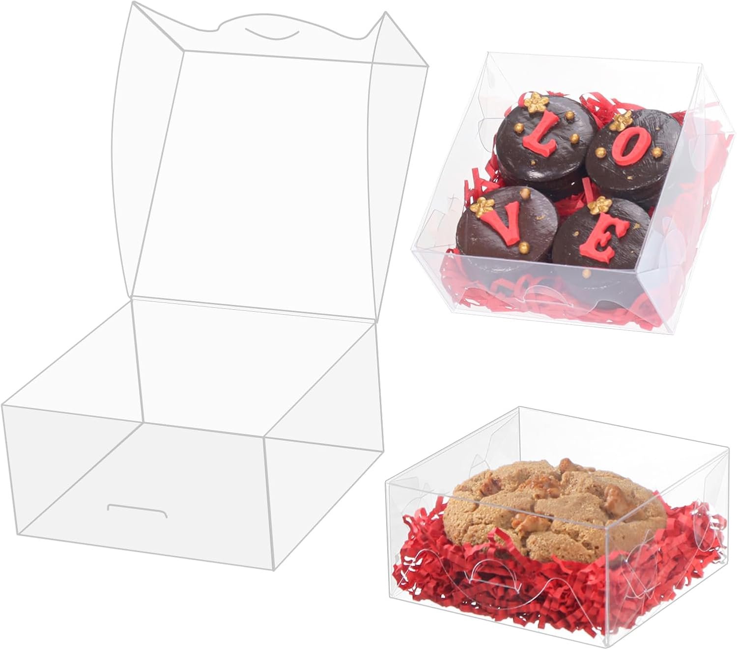 Fornitore Scatole Pasticceria Plastica Trasparente 50 pz 4x4x2 Pollici con Logo Personalizzato per Biscotti Ciambelle Sapone Tartufi Brownie Torte Fragole al Cioccolato Bomboniere Feste Matrimoni Marchio Bianco
