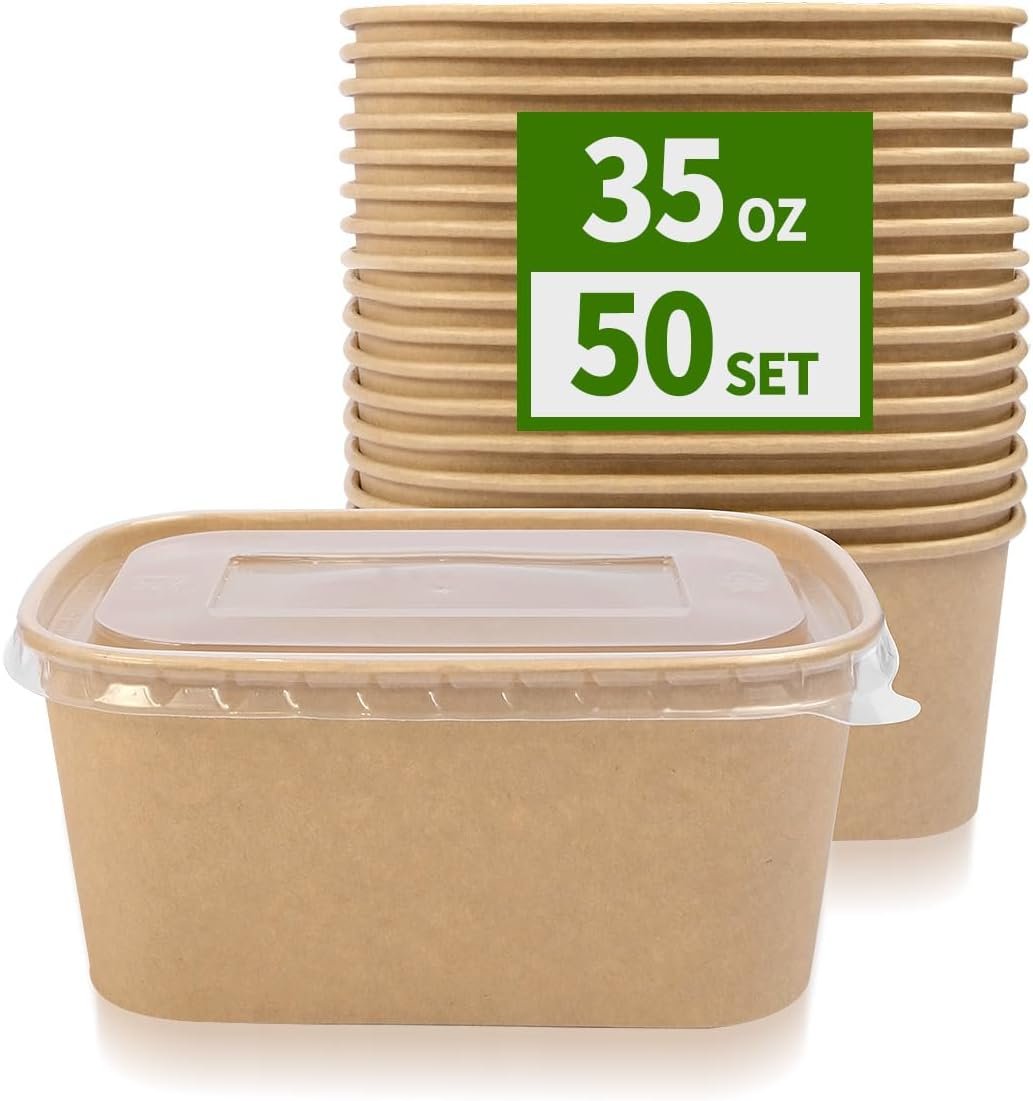 Produttore Confezione da 50 Contenitori per Alimenti in Carta da 35 oz con Coperchi con Logo Personalizzato Adatti al Microonde e al Freezer Marchio Bianco