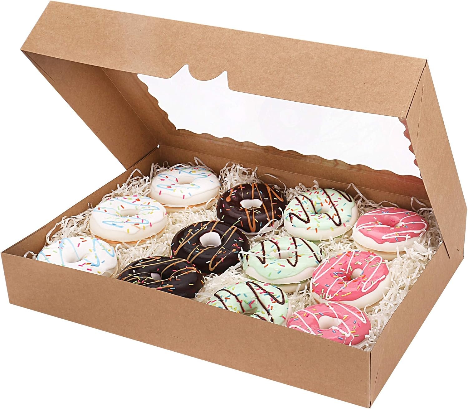 Marchio Bianco Confezione da 20 Scatole Pop-Up Pasticceria 16 x 11 x 2.5 pollici con Finestra per 12 Donuts per Torte Biscotti Muffin Pasticcini Marrone Fornitore Logo Personalizzato