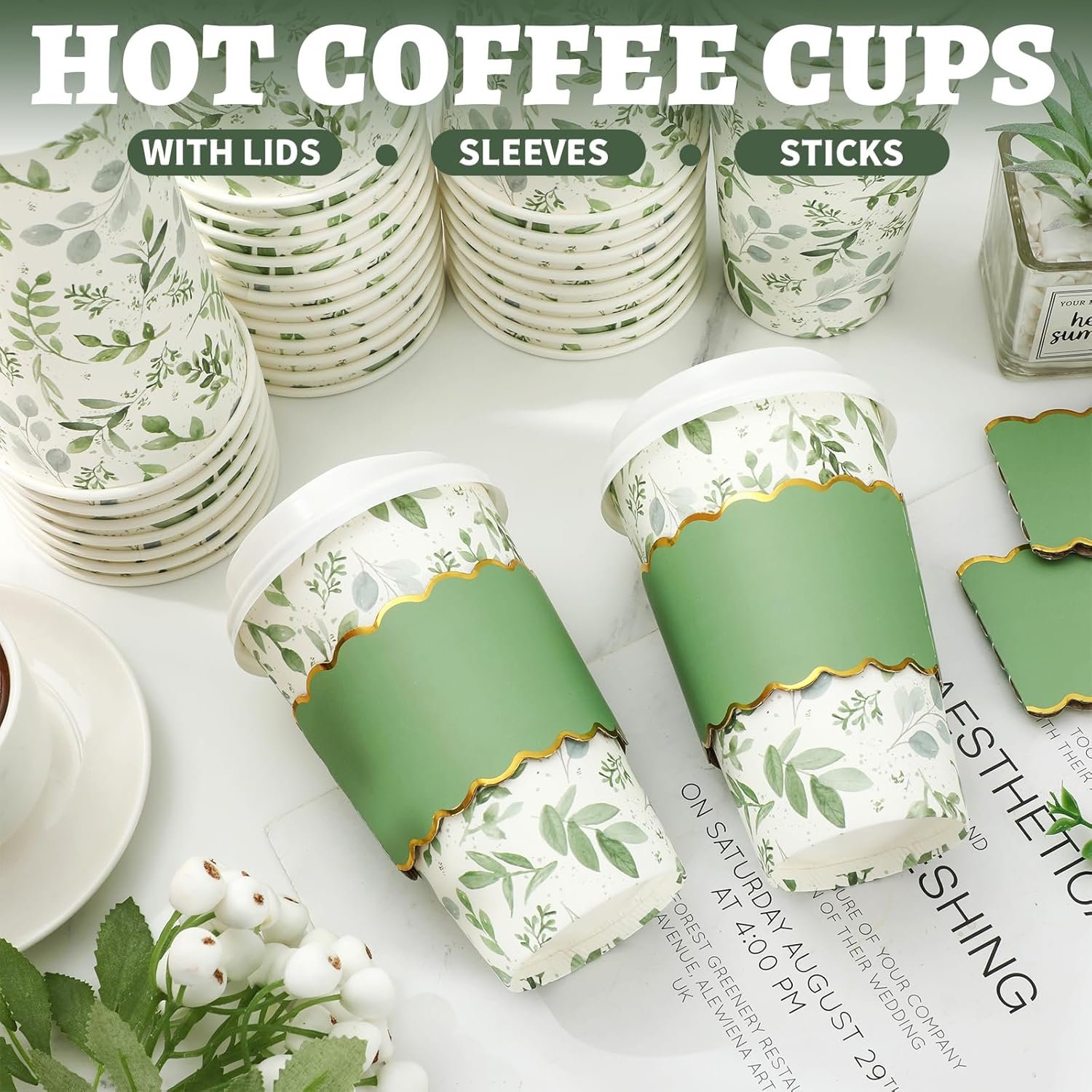 Logo Personalizzato Tazze da Caffè 16oz Foglie Eucalipto Verdi Carta Monouso con Coperchi Manicotti 50 Pz per Matrimoni Bar Cafè Negozi Cappuccino Cioccolata Marchio Bianco Fornitore