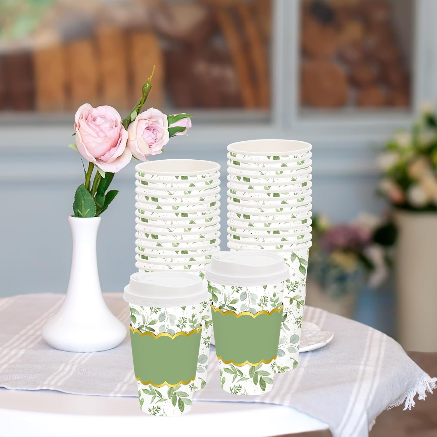 Logo Personalizzato Tazze da Caffè 16oz Foglie Eucalipto Verdi Carta Monouso con Coperchi Manicotti 50 Pz per Matrimoni Bar Cafè Negozi Cappuccino Cioccolata Marchio Bianco Fornitore