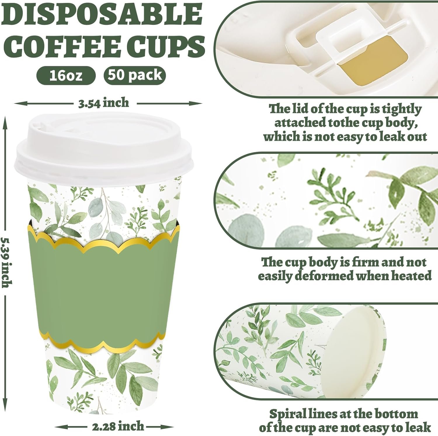 Logo Personalizzato Tazze da Caffè 16oz Foglie Eucalipto Verdi Carta Monouso con Coperchi Manicotti 50 Pz per Matrimoni Bar Cafè Negozi Cappuccino Cioccolata Marchio Bianco Fornitore