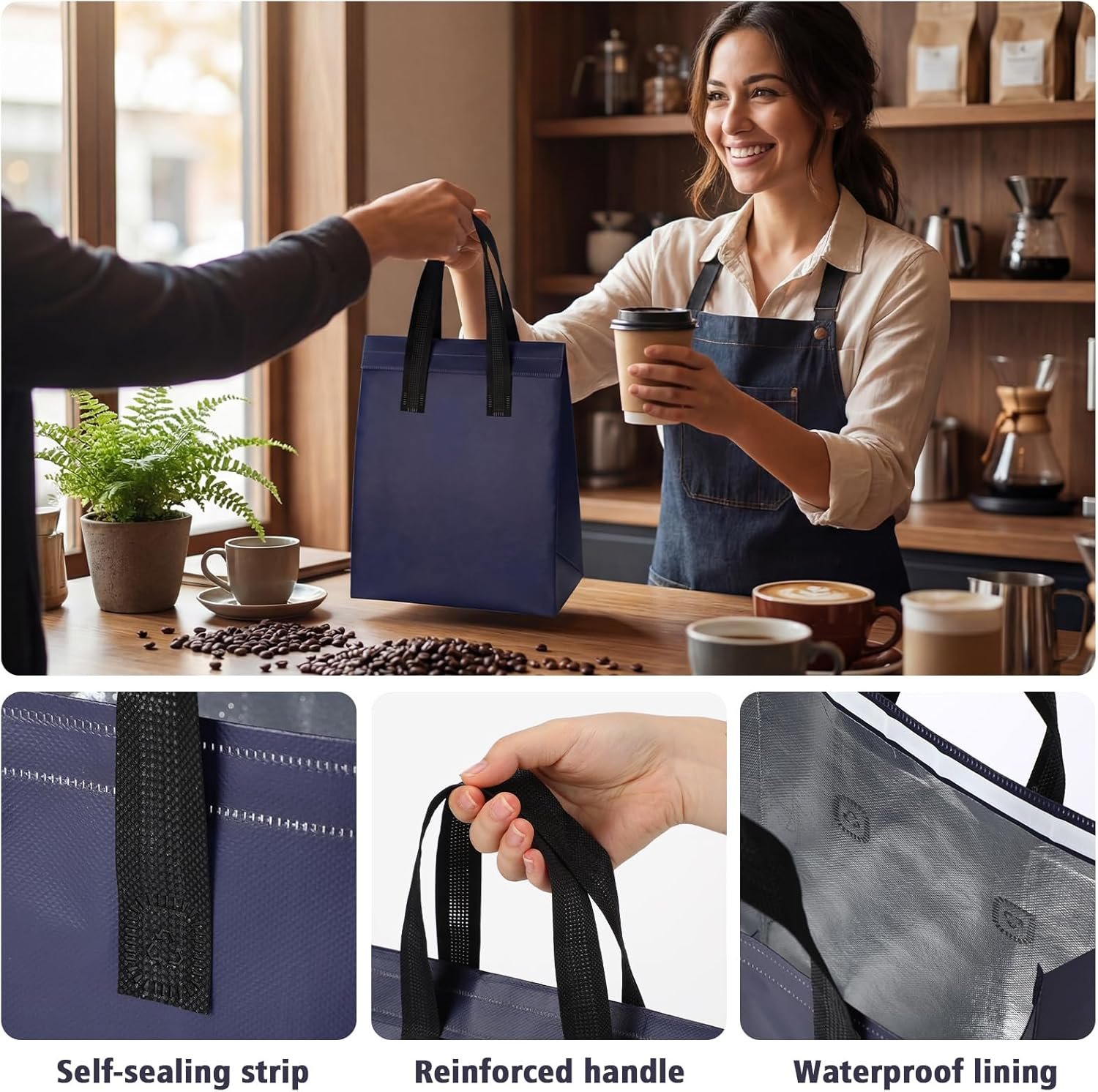 Marchio Bianco 50 Pezzi Borse Termiche Isolate 10x8x4 Pollici per Consegne Cibo Caldo Freddo Caffè Tè al Latte Frutti di Mare Freschi con Logo Personalizzato per Catering Ristoranti Negozi Alimentari Blu Navy Fornitore