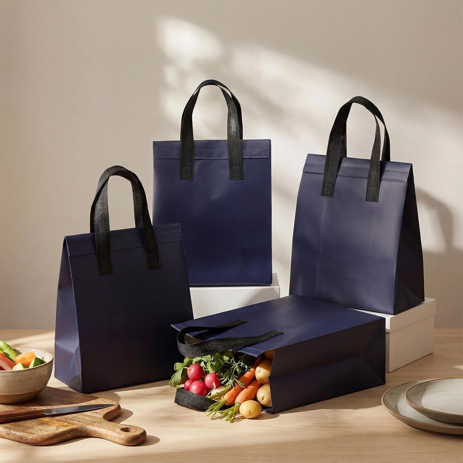 Marchio Bianco 50 Pezzi Borse Termiche Isolate 10x8x4 Pollici per Consegne Cibo Caldo Freddo Caffè Tè al Latte Frutti di Mare Freschi con Logo Personalizzato per Catering Ristoranti Negozi Alimentari Blu Navy Fornitore