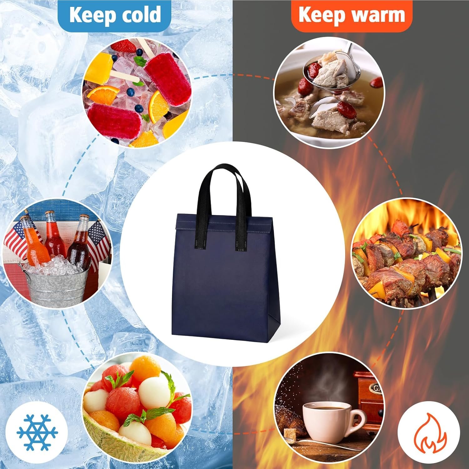Marchio Bianco 50 Pezzi Borse Termiche Isolate 10x8x4 Pollici per Consegne Cibo Caldo Freddo Caffè Tè al Latte Frutti di Mare Freschi con Logo Personalizzato per Catering Ristoranti Negozi Alimentari Blu Navy Fornitore