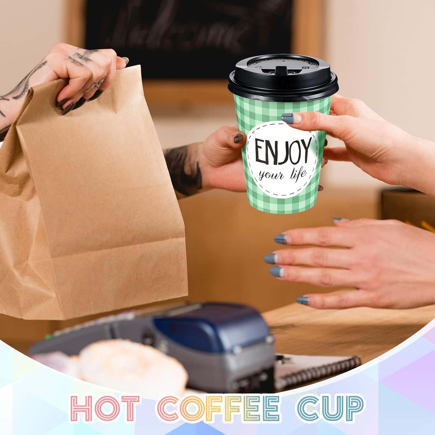 Marchio Bianco confezione da 100 bicchieri monouso caffè con coperchi cannucce carta motivazionali 6 citazioni design logo personalizzato acqua succo tè casa caffetteria 16 oz stile fresh produttore