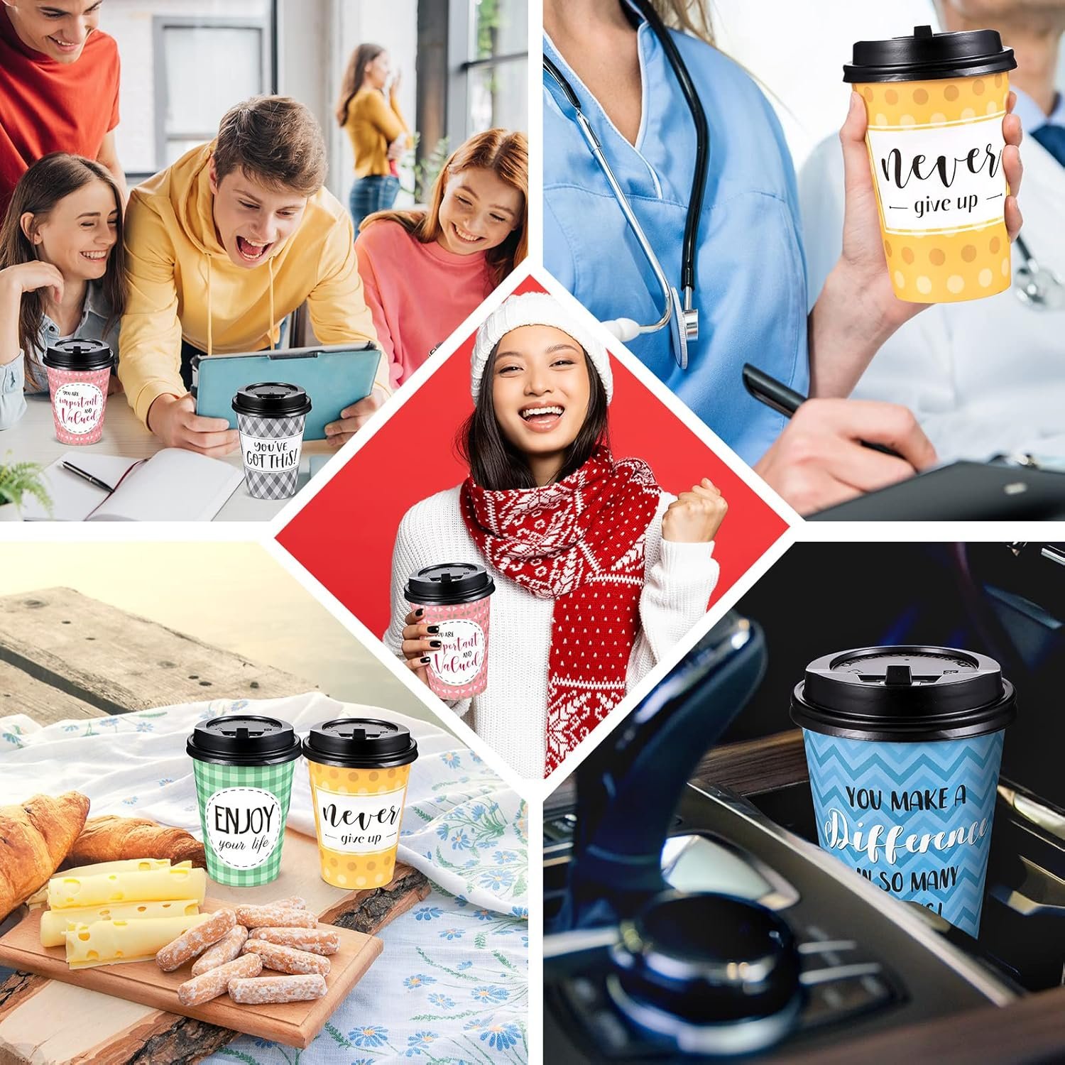 Marchio Bianco confezione da 100 bicchieri monouso caffè con coperchi cannucce carta motivazionali 6 citazioni design logo personalizzato acqua succo tè casa caffetteria 16 oz stile fresh produttore