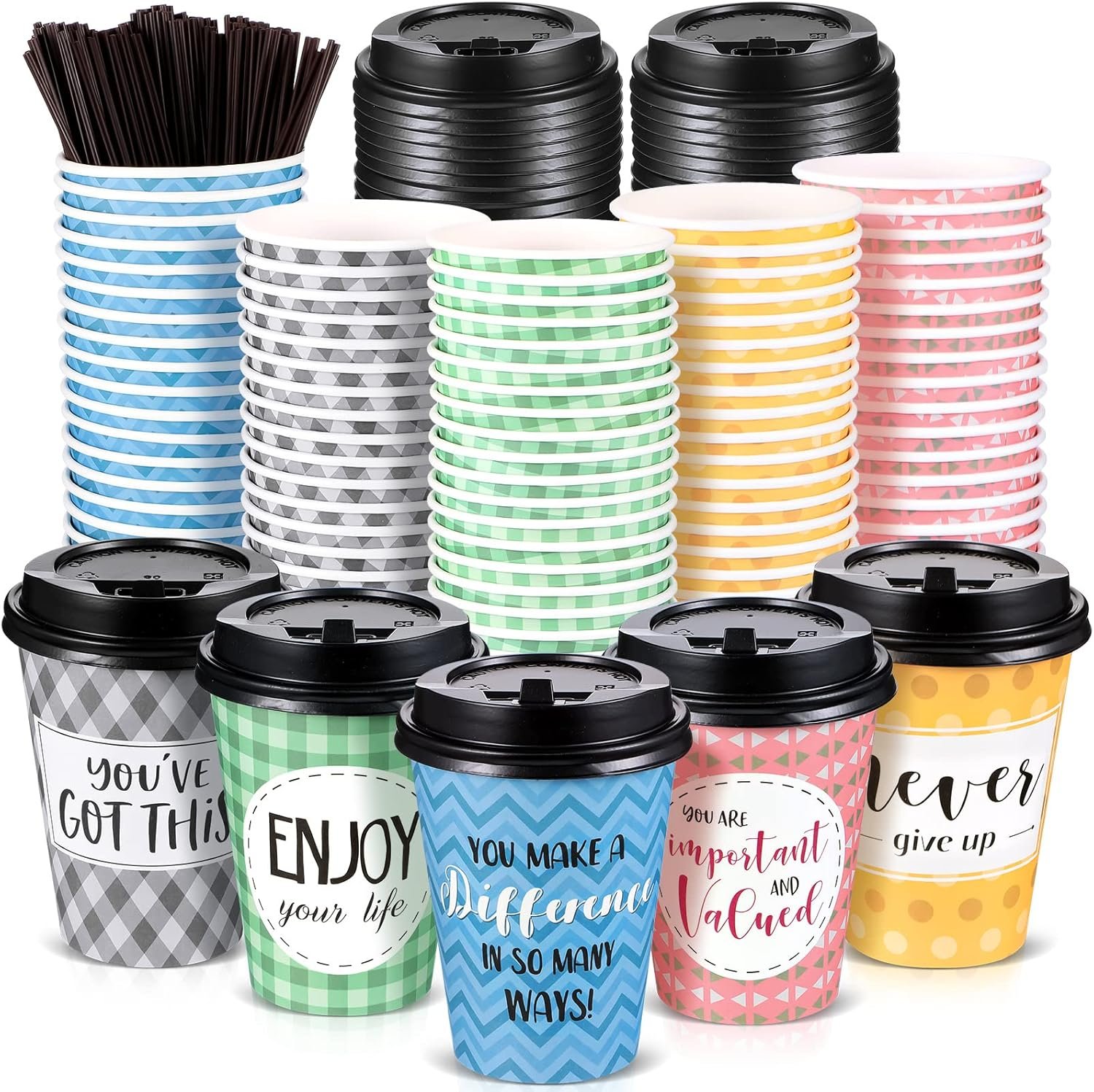 Marchio Bianco confezione da 100 bicchieri monouso caffè con coperchi cannucce carta motivazionali 6 citazioni design logo personalizzato acqua succo tè casa caffetteria 16 oz stile fresh produttore