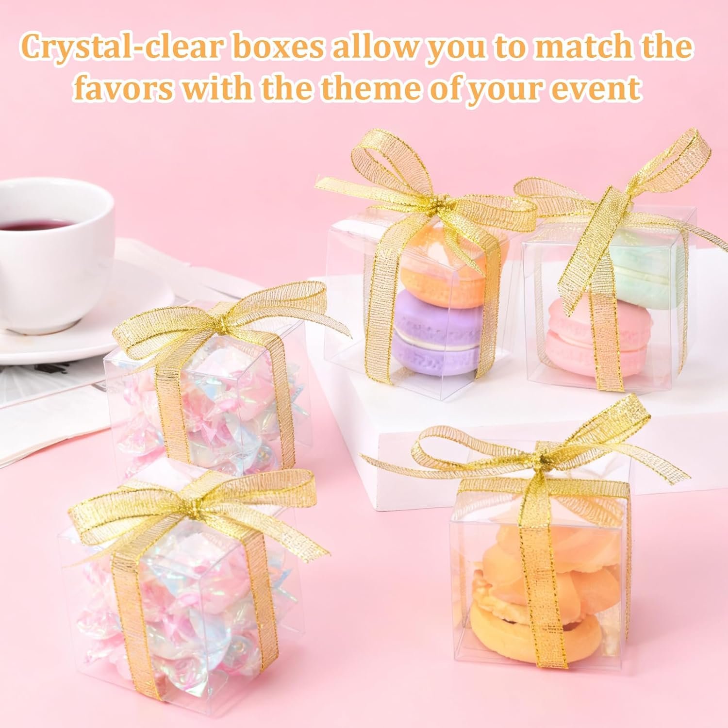 Marchio Bianco 200 Pezzi Scatoline Trasparenti Cubo 2x2x2 Pollici con Nastri Mini Contenitori Caramelle Plastica per Macaron Nozze Baby Shower Compleanno Festa Logo Personalizzato dal Produttore