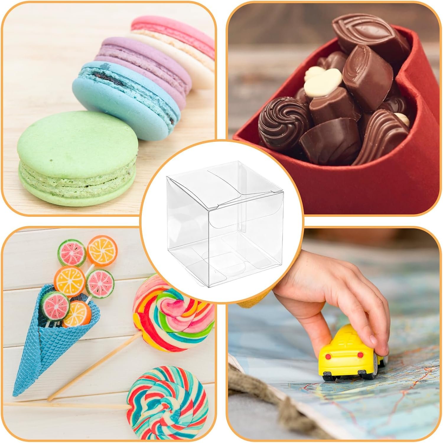 Marchio Bianco 200 Pezzi Scatoline Trasparenti Cubo 2x2x2 Pollici con Nastri Mini Contenitori Caramelle Plastica per Macaron Nozze Baby Shower Compleanno Festa Logo Personalizzato dal Produttore