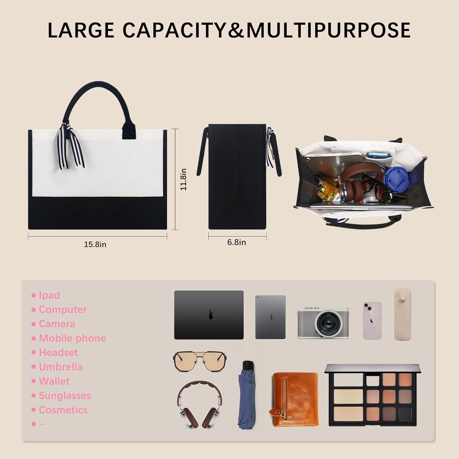 Logo Personalizzato 10 Pezzi Borse Tote in Canvas Classiche Nero e Bianco con Tasca con Cerniera Interna Borsa per la Spesa Regali Fai da Te per Matrimonio Compleanno Spiaggia Marchio Bianco Perfetti per Donne Mamme Insegnanti Amiche dal Fornitore