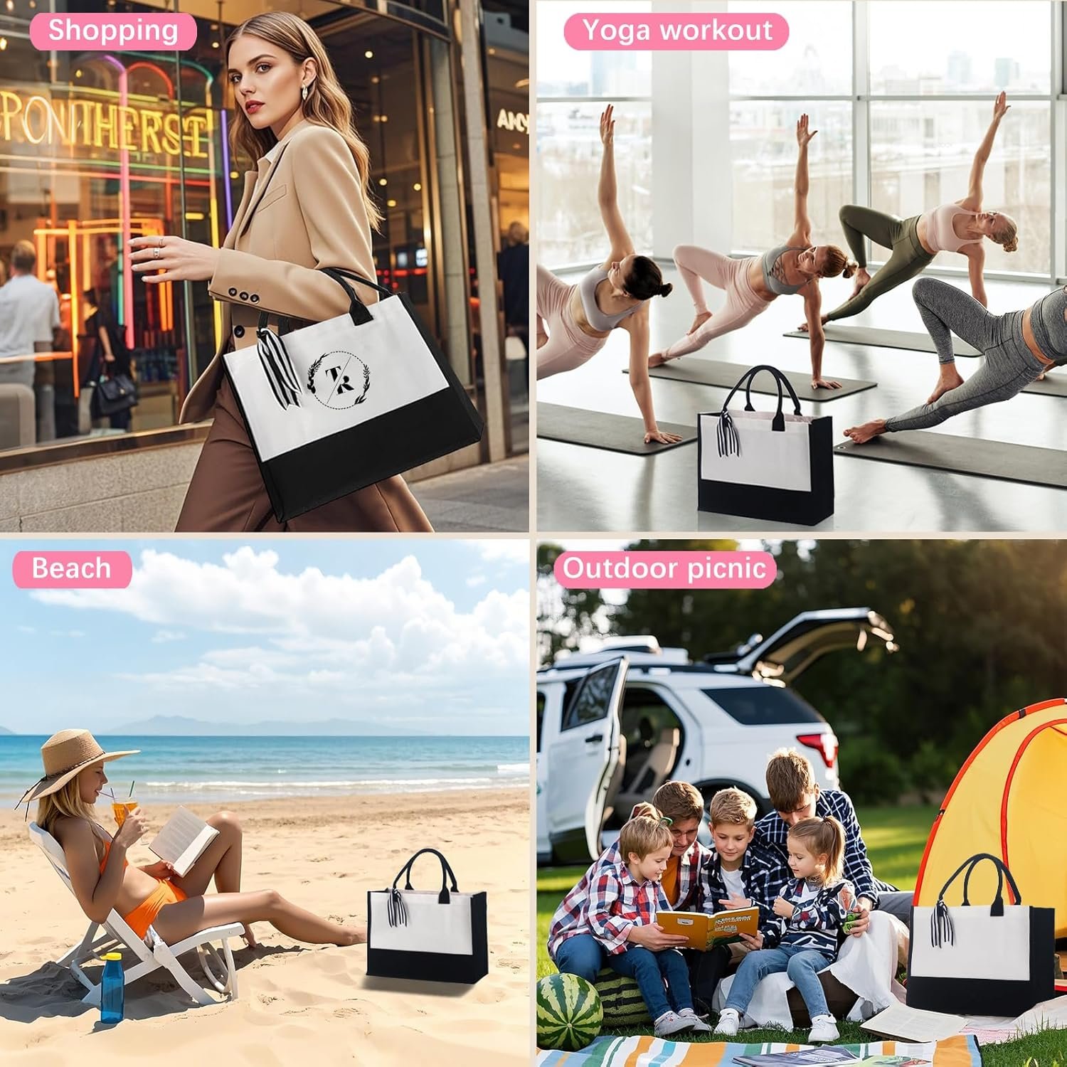 Logo Personalizzato 10 Pezzi Borse Tote in Canvas Classiche Nero e Bianco con Tasca con Cerniera Interna Borsa per la Spesa Regali Fai da Te per Matrimonio Compleanno Spiaggia Marchio Bianco Perfetti per Donne Mamme Insegnanti Amiche dal Fornitore