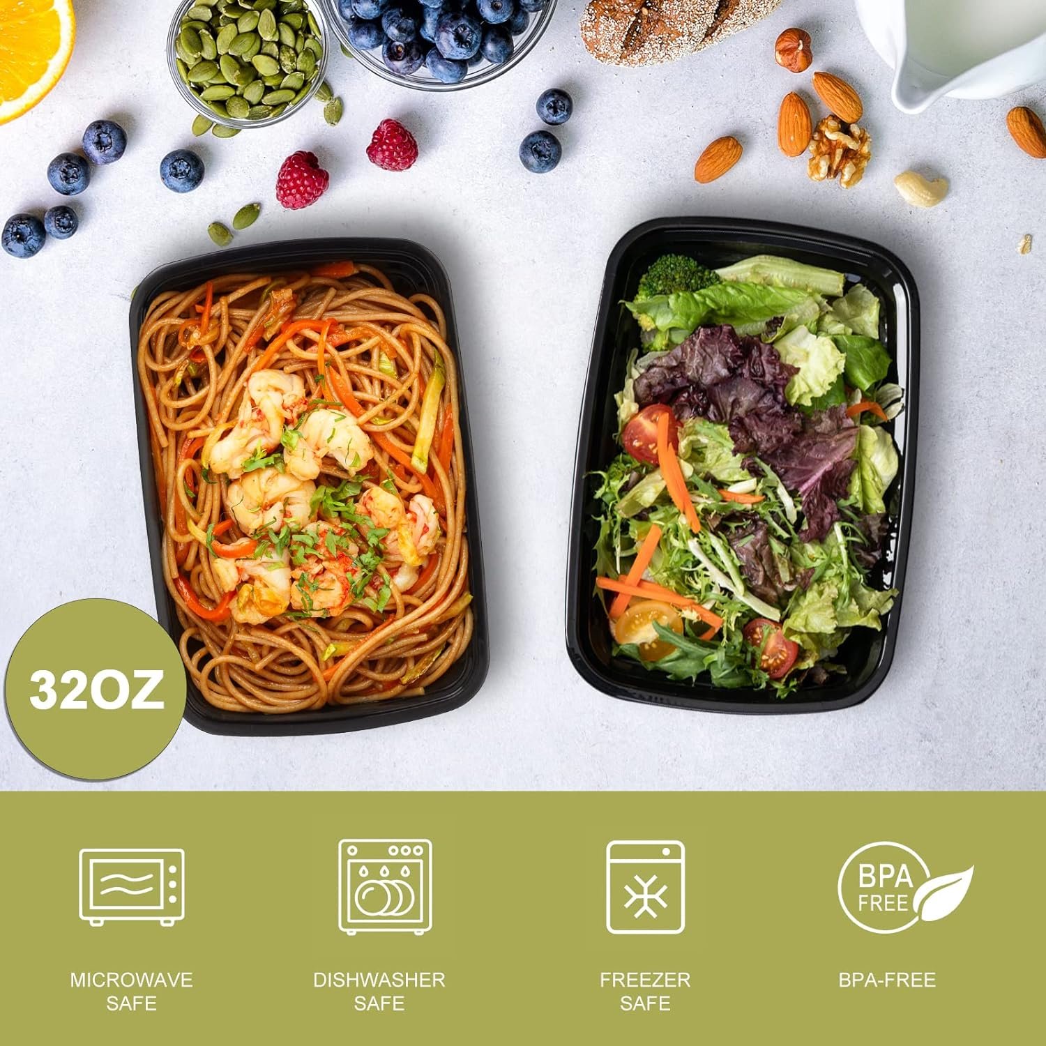 Logo Personalizzato Contenitori Meal Prep 32oz dal Produttore - Confezione da 50 Riutilizzabili in Plastica Ermetici con Coperchi Senza BPA Sicuri Microonde/Lavastoviglie/Congelatore Marchio Bianco