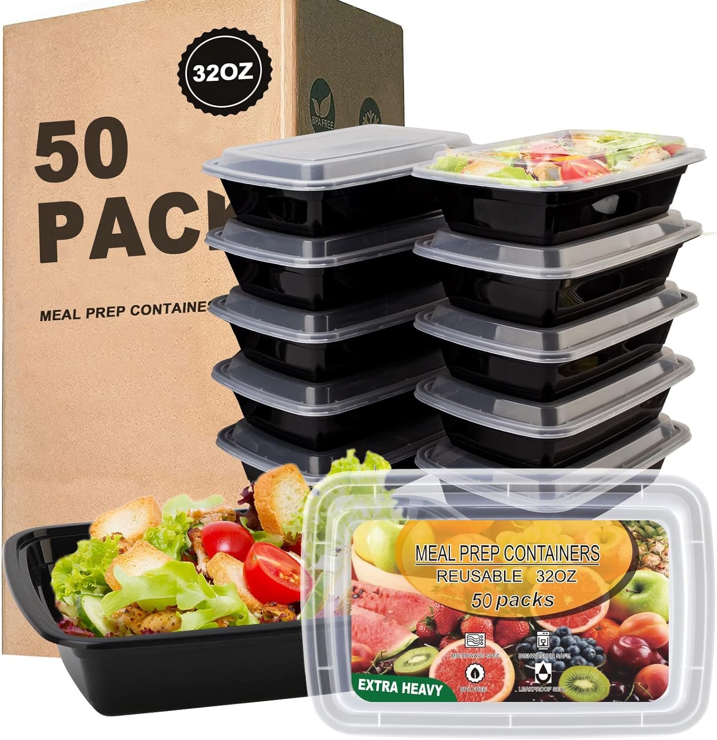 Logo Personalizzato Contenitori Meal Prep 32oz dal Produttore - Confezione da 50 Riutilizzabili in Plastica Ermetici con Coperchi Senza BPA Sicuri Microonde/Lavastoviglie/Congelatore Marchio Bianco