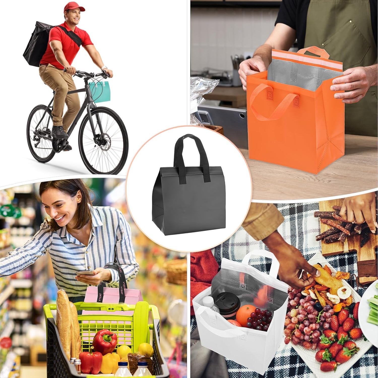 Produttore di Borse Isotermiche per Asporto [20 pz.] con Logo Personalizzato all'ingrosso - Isolamento Termico Bulk per Alimenti Caldi Freddi Surgelati Consegne Negozi [Nero e Bianco-9.4IN] Marchio Bianco