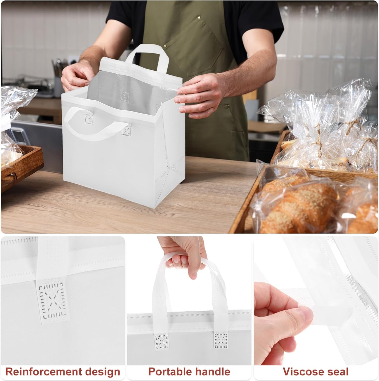 Produttore di Borse Isotermiche per Asporto [20 pz.] con Logo Personalizzato all'ingrosso - Isolamento Termico Bulk per Alimenti Caldi Freddi Surgelati Consegne Negozi [Nero e Bianco-9.4IN] Marchio Bianco