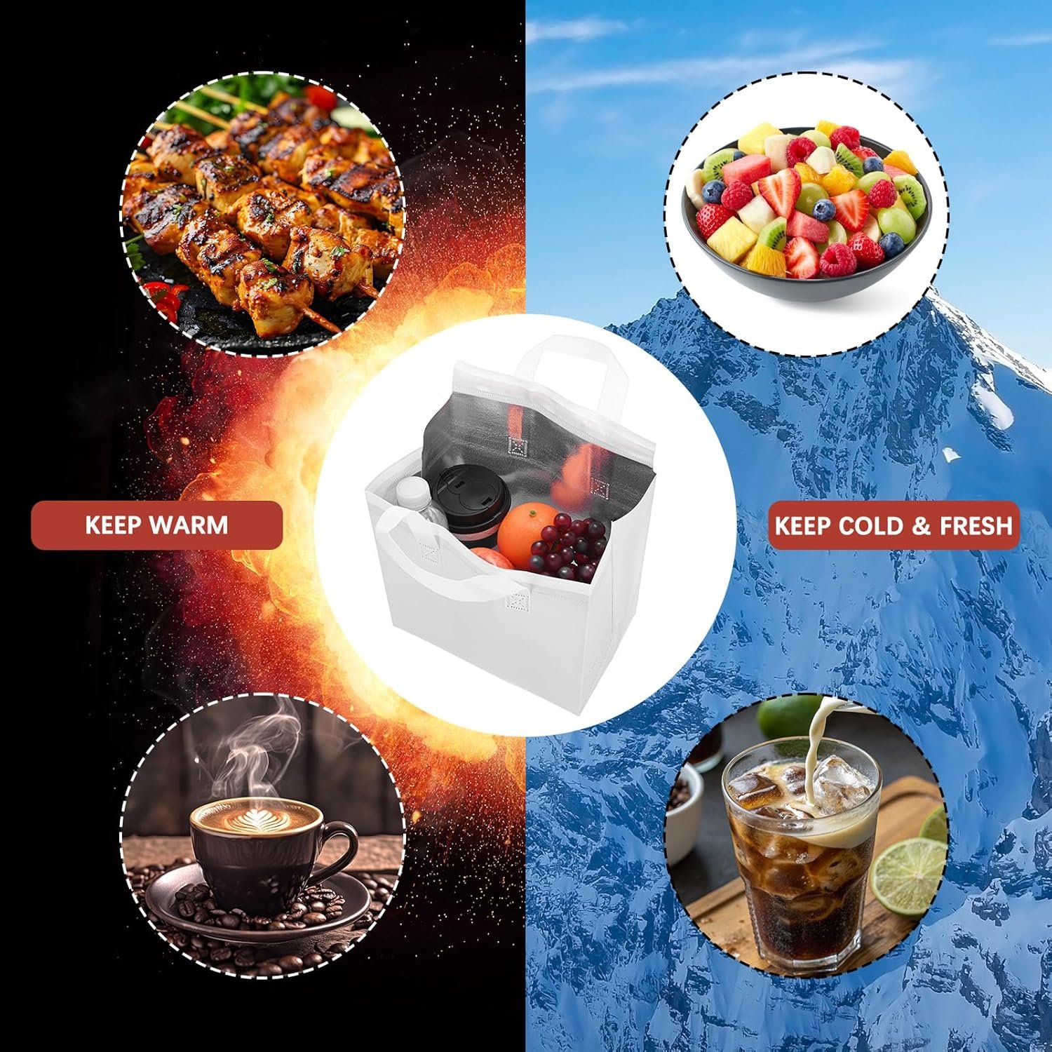 Produttore di Borse Isotermiche per Asporto [20 pz.] con Logo Personalizzato all'ingrosso - Isolamento Termico Bulk per Alimenti Caldi Freddi Surgelati Consegne Negozi [Nero e Bianco-9.4IN] Marchio Bianco