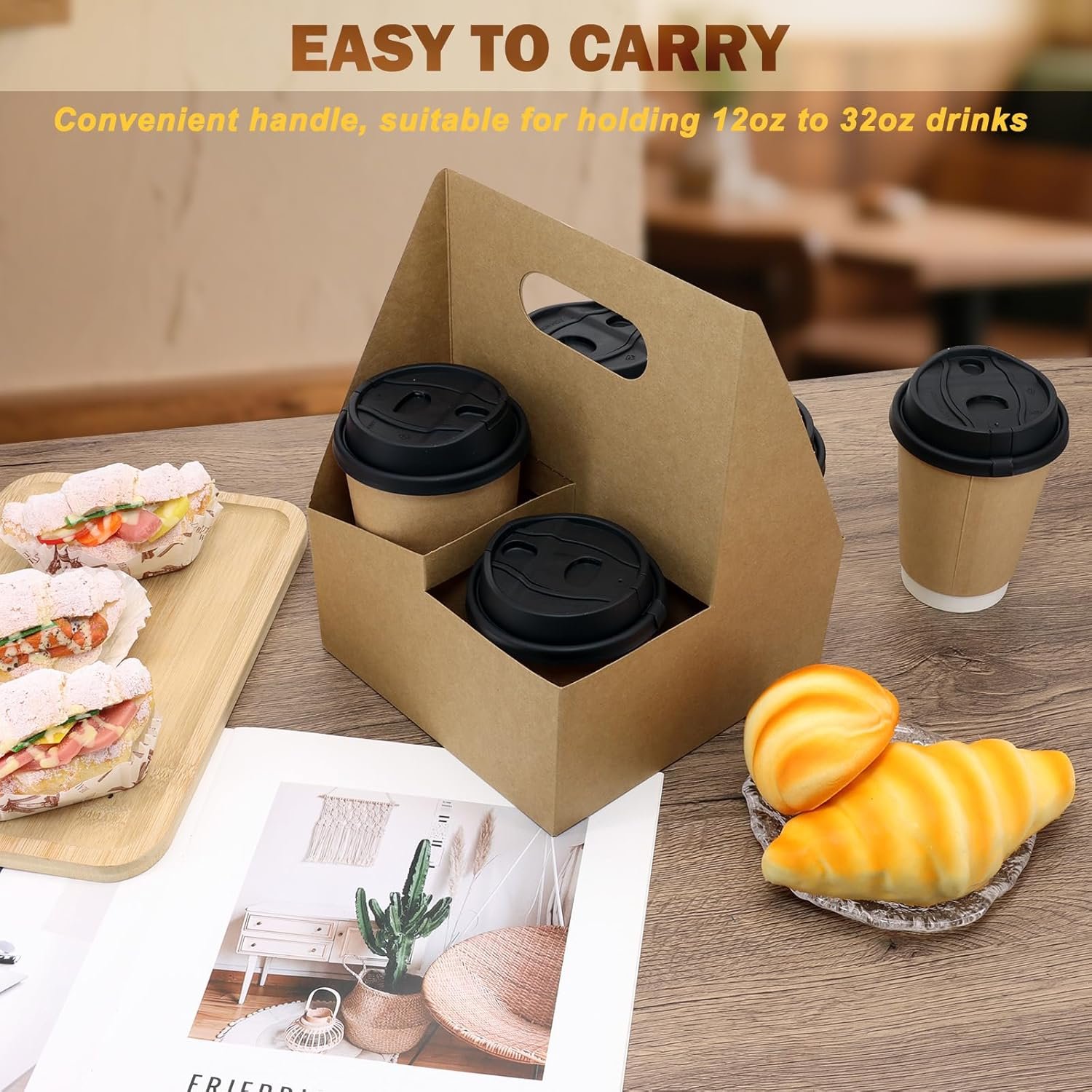 Logo Personalizzato Portabevande per 4 Tazze con Maniglia 30 Pz Portatazze Cartone Kraft Usa e Getta dal Fornitore Vassoio Pieghevole 12oz-32oz Marchio Bianco per Consegne Cibo Asporto Bevande Calde Fredde