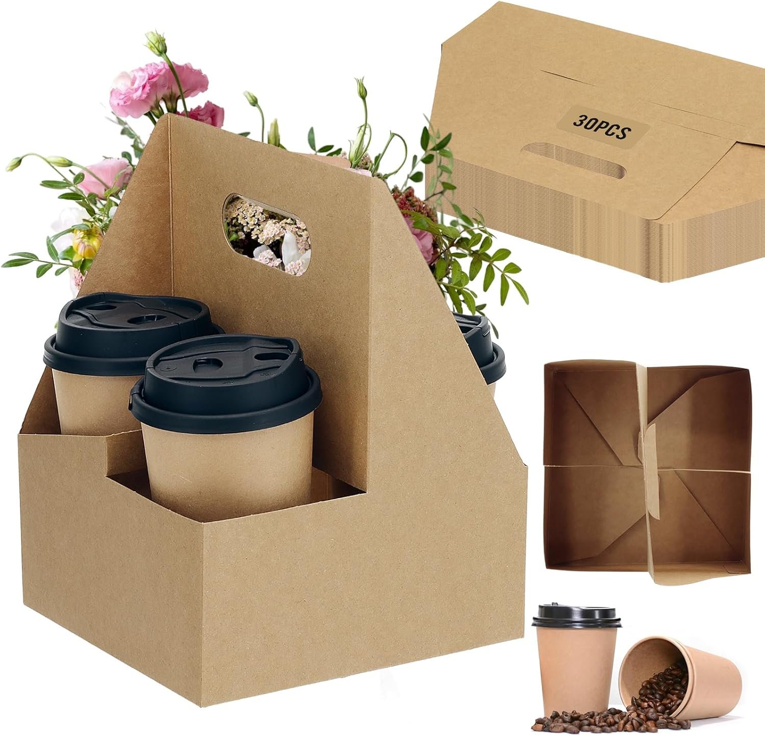Logo Personalizzato Portabevande per 4 Tazze con Maniglia 30 Pz Portatazze Cartone Kraft Usa e Getta dal Fornitore Vassoio Pieghevole 12oz-32oz Marchio Bianco per Consegne Cibo Asporto Bevande Calde Fredde