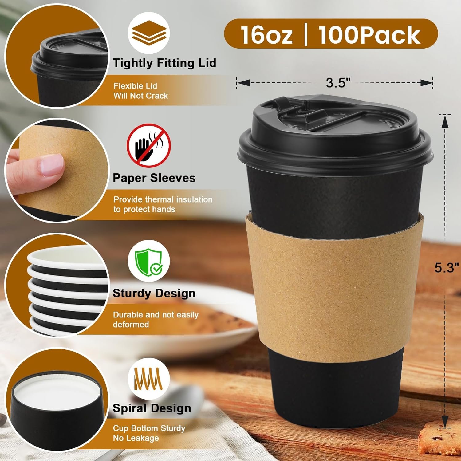 Marchio Bianco Confezione da 100 Tazze Monouso Caffè 16 oz con Coperchi a Tenuta e Manicotti Neri per Bevande Calde Fredde da Asporto con Logo Personalizzato dal Fornitore per Casa Ufficio Feste Viaggi