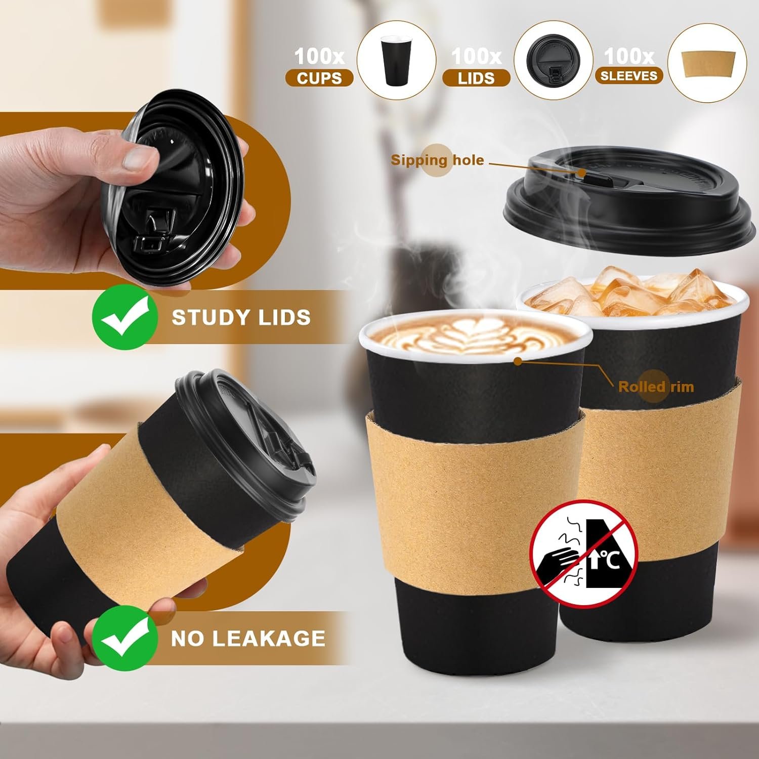 Marchio Bianco Confezione da 100 Tazze Monouso Caffè 16 oz con Coperchi a Tenuta e Manicotti Neri per Bevande Calde Fredde da Asporto con Logo Personalizzato dal Fornitore per Casa Ufficio Feste Viaggi
