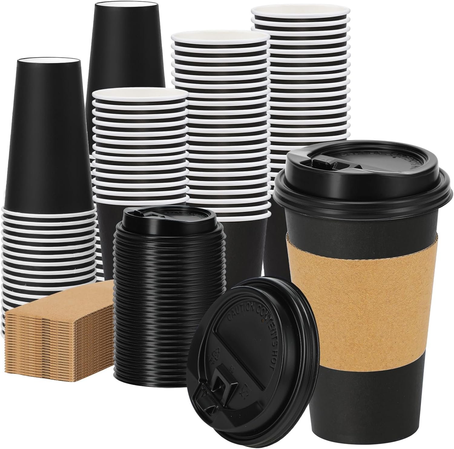 Marchio Bianco Confezione da 100 Tazze Monouso Caffè 16 oz con Coperchi a Tenuta e Manicotti Neri per Bevande Calde Fredde da Asporto con Logo Personalizzato dal Fornitore per Casa Ufficio Feste Viaggi